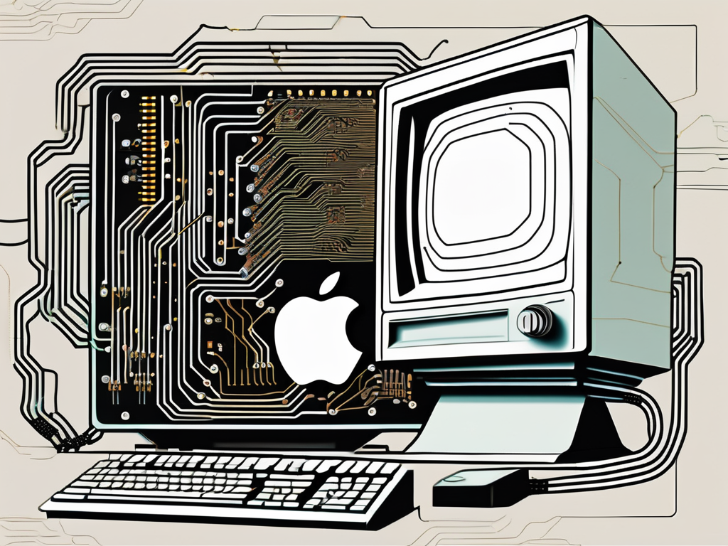 A vintage apple computer with a circuit board in the background
