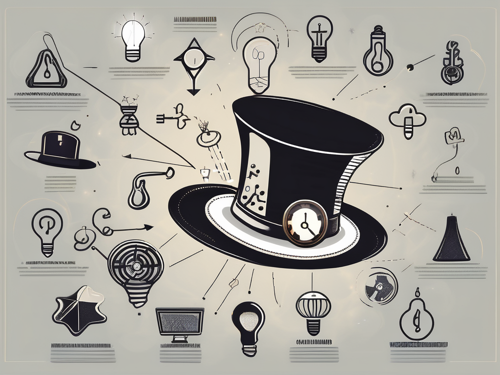 A magician's hat with 11 symbolic icons like a musical note