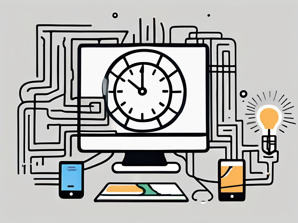 A computer surrounded by symbolic elements such as a light bulb (representing ideas)